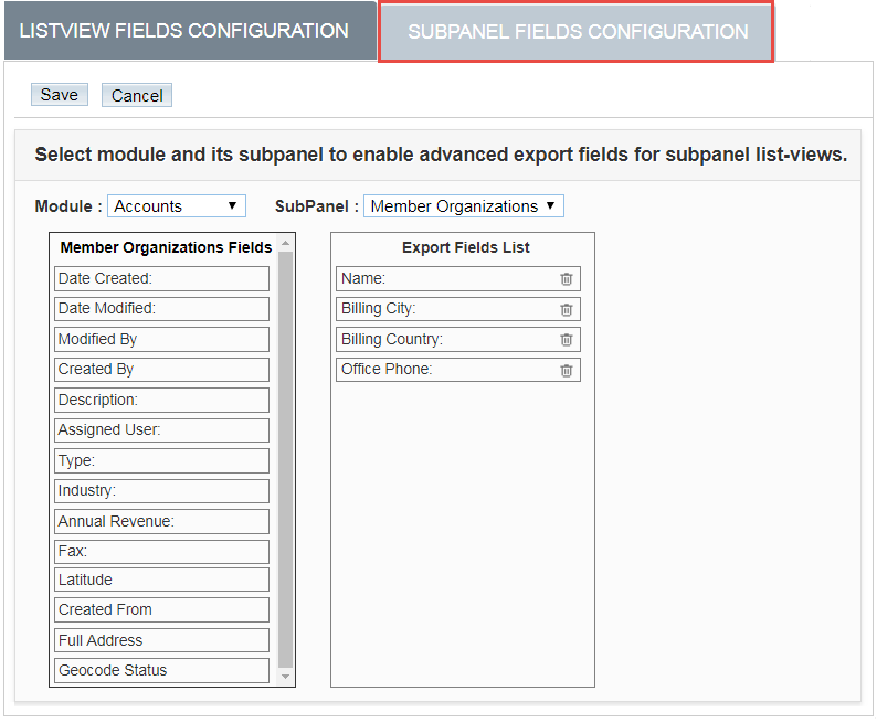 Manage SubPanel Fields Configuration for Export