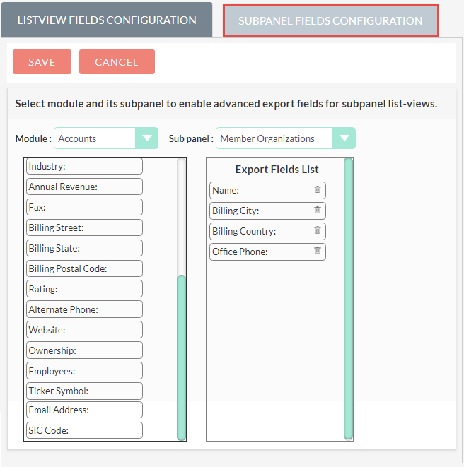 Manage SubPanel Fields Configuration for  Export